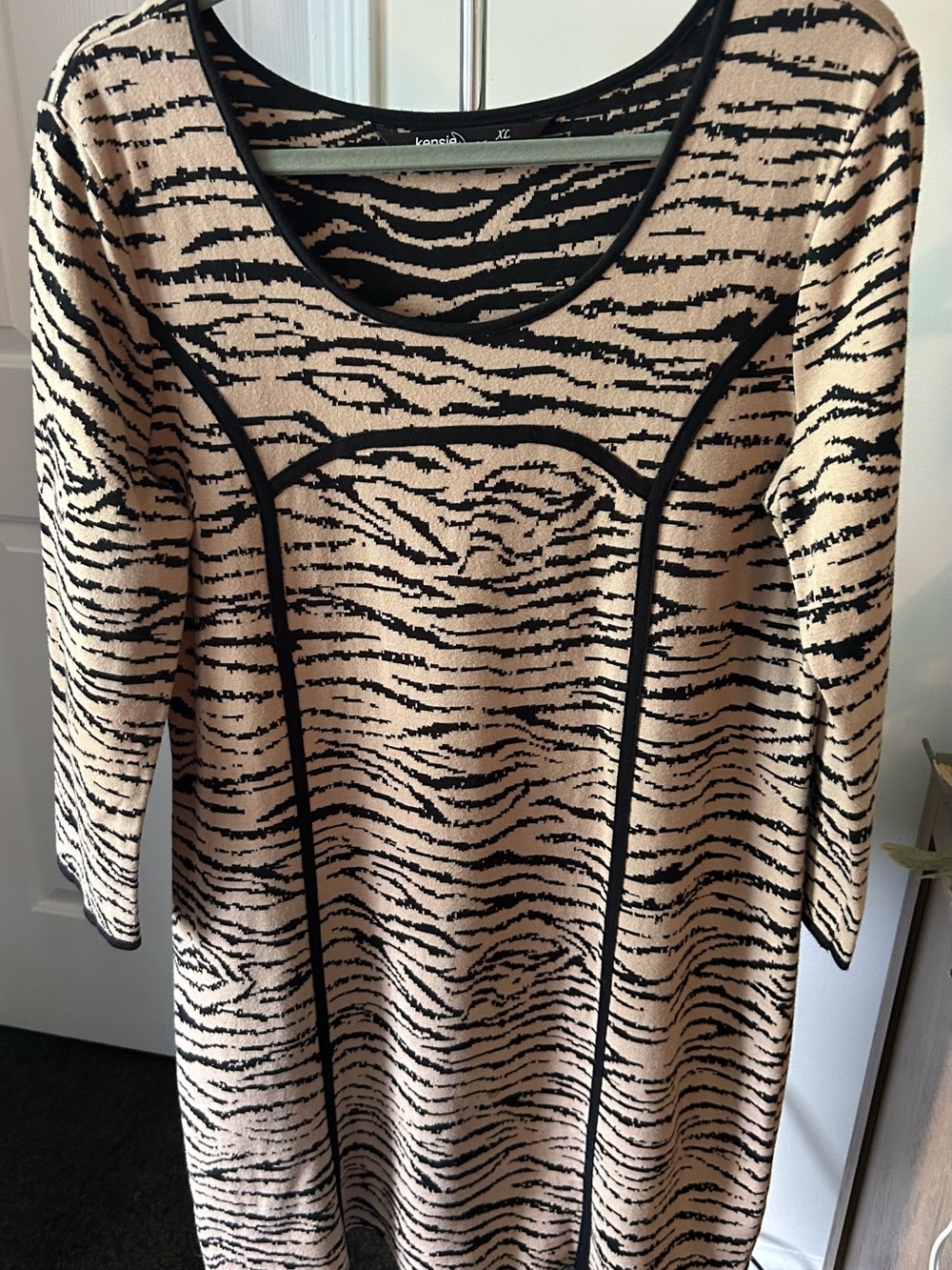 Kensie Black and Cream Zebra Print Scoop Neck Dress